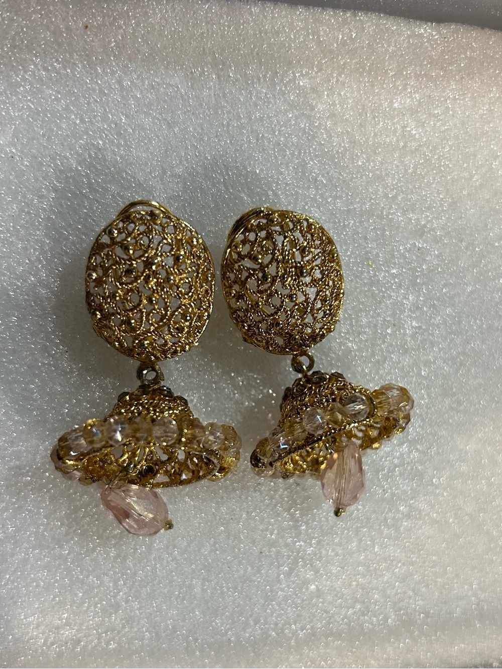 Gold Filigree Indian/Pakistani Jhumka Earrings with Pink Crystal Drops